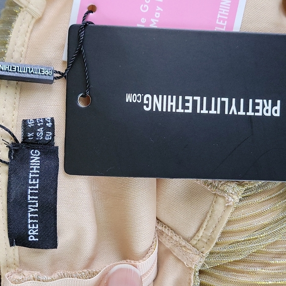 PLT Pretty Little Thing Gold Glitter Plisse Cup Detail Wide Leg Jumpsuit - Picture 3 of 3